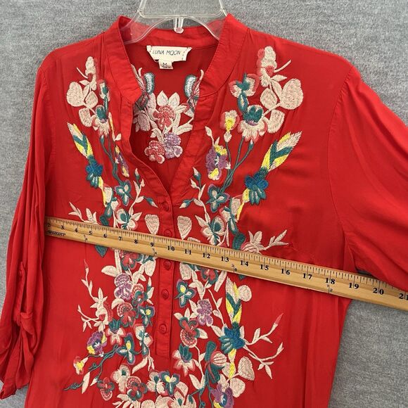Luna Moon Embroidered Tunic Top Size M Boho Vibrant Red Orange Gypsy Festival - Picture 12 of 15